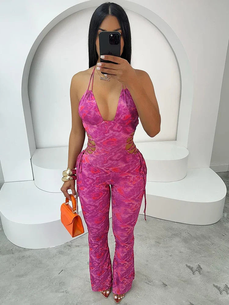 Backless Tie-Dye Side Shirring Jumpsuit for Women Sleeveless Skinny Overalls Sexy Clubwear and Workout Midnight Party Outfit