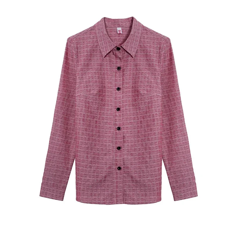 Women's Long Sleeve Slimming Cotton Shirt with Flip Collar Casual Versatile Top for Spring and Autumn Fashion