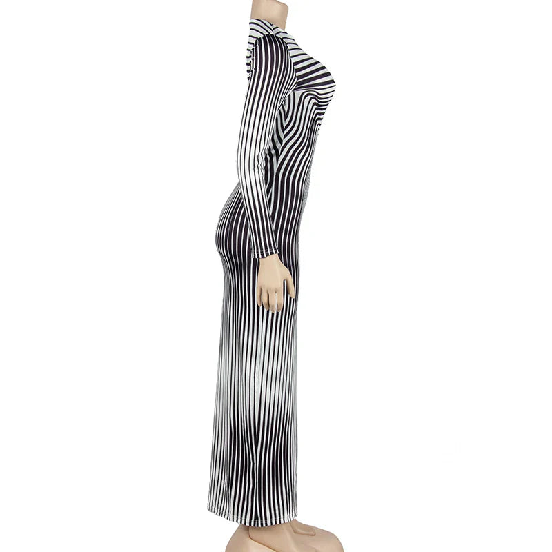Autumn O Collar Long Sleeve Striped Evening Party Dress