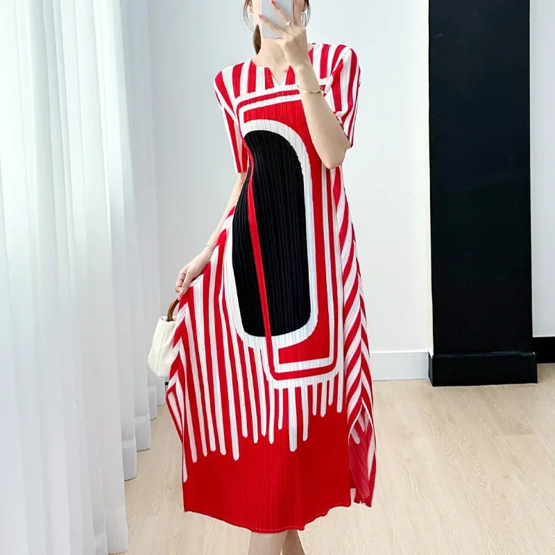 Pleated Striped Dress For Women O Neck Short Sleeve