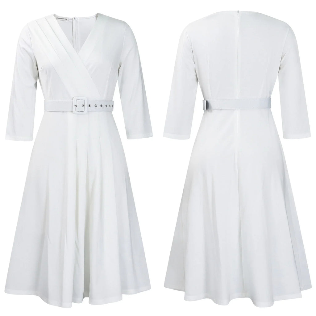 V Neck Office Dress For Women Belted Pleated Mid Calf