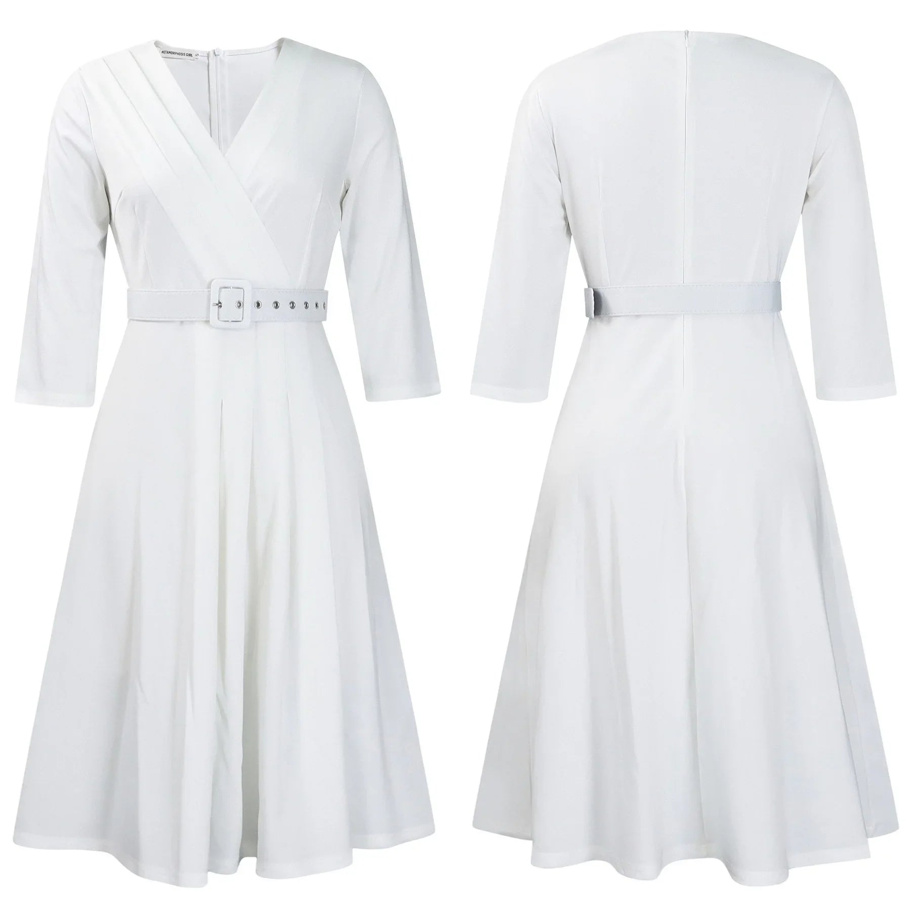 V Neck Office Dress For Women Belted Pleated Mid Calf