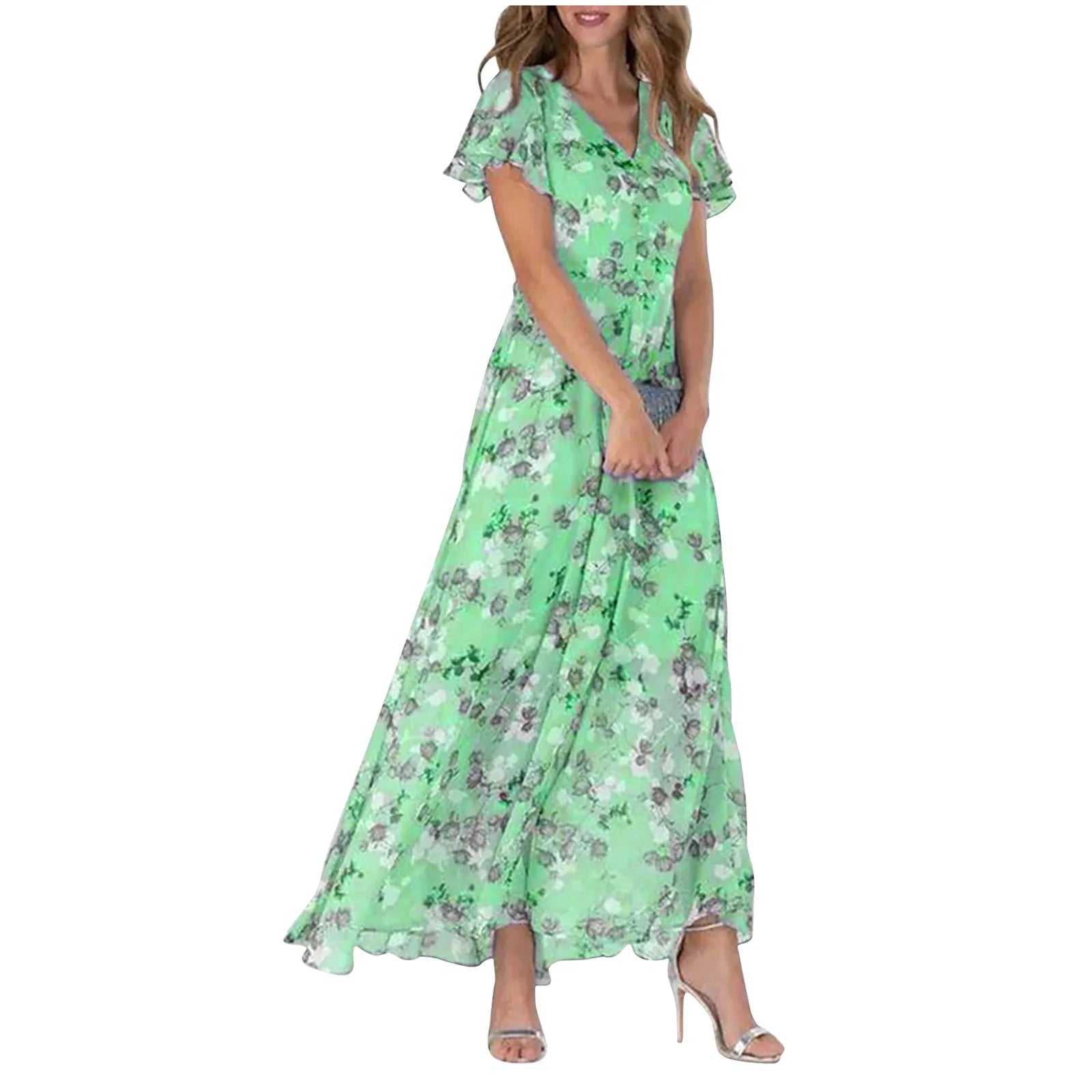V Neck Floral Chiffon Maxi Dress With Ruffle Short Sleeves