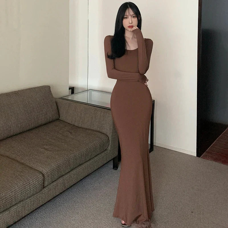 Korean Style Square Neck Wrap Dress With Fishtail Hem