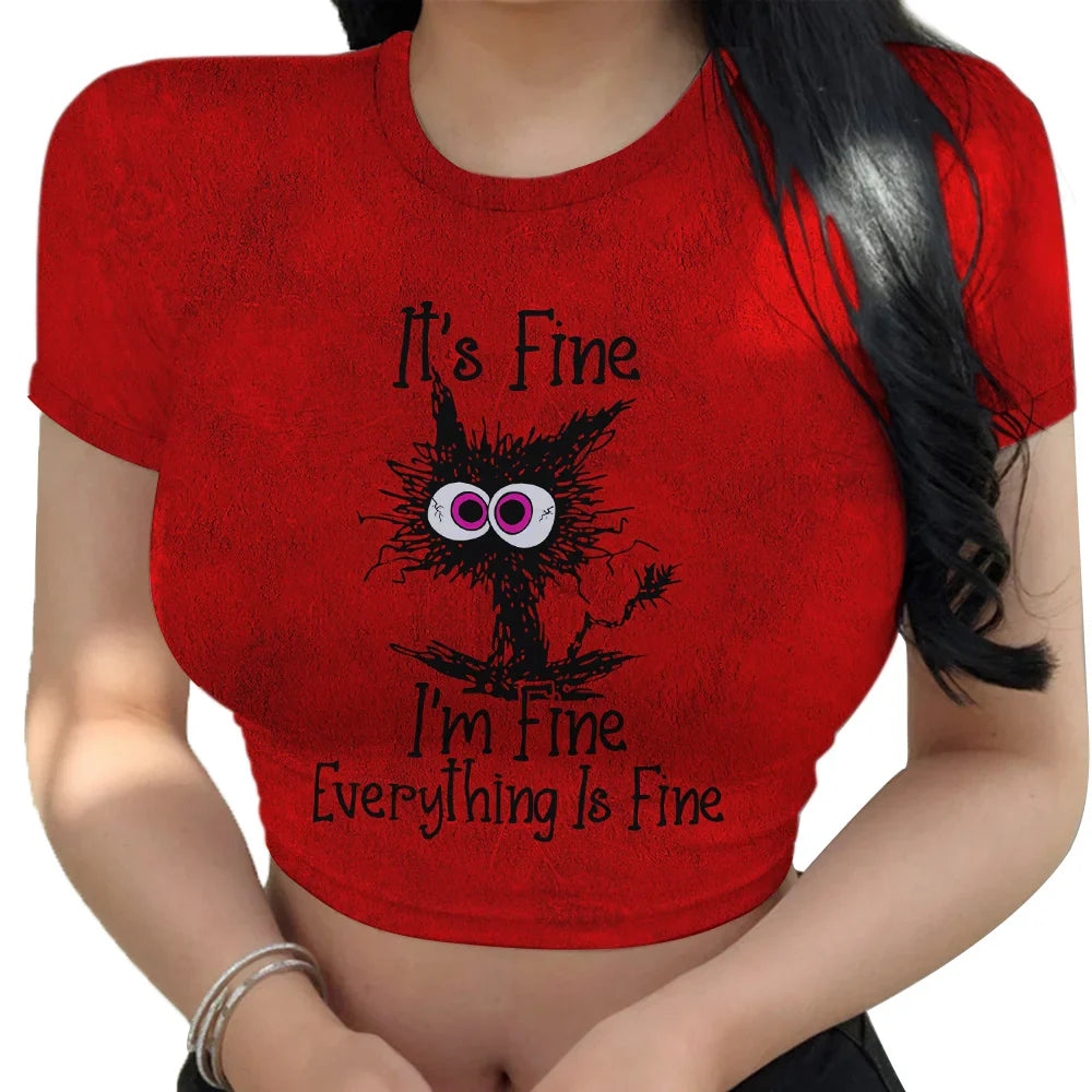 Funny Cat Print Women's Graphic Crop Top Slim Fit Short Sleeve T Shirt