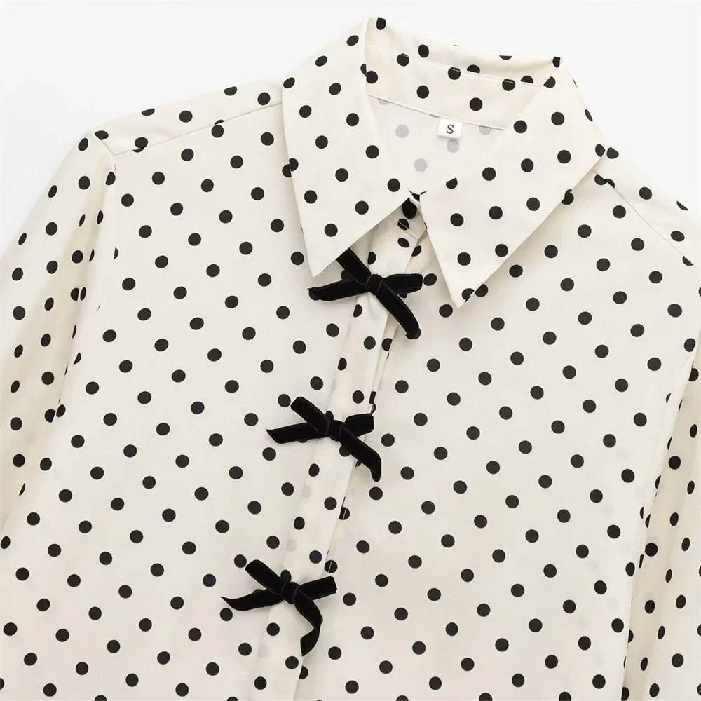 Women's Casual Long Sleeve Shirt with Butterfly Knot and Wave Point Pattern Single Breasted Stylish Blouse