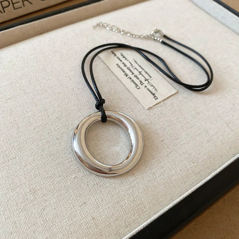 Punk Large U-Shape Geometric Pendant Necklace for Men and Women Adjustable Leather Rope Sweater Chain Jewelry