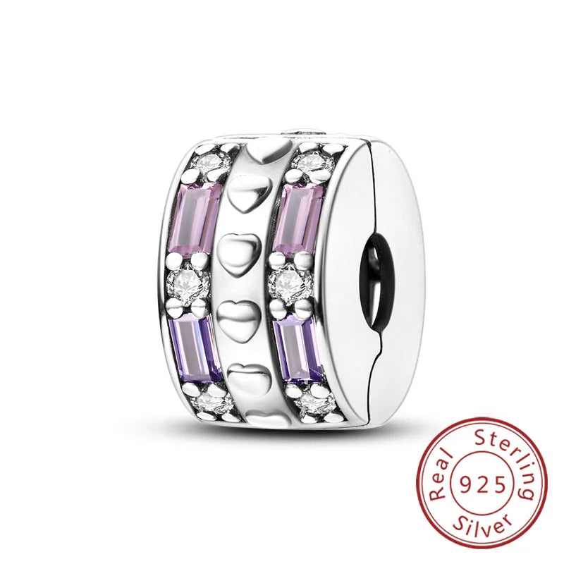 Fit Original 925 Sterling Silver Clip Charms with Zircon and Silicone Spacer Beads for Women DIY Bracelet Gift