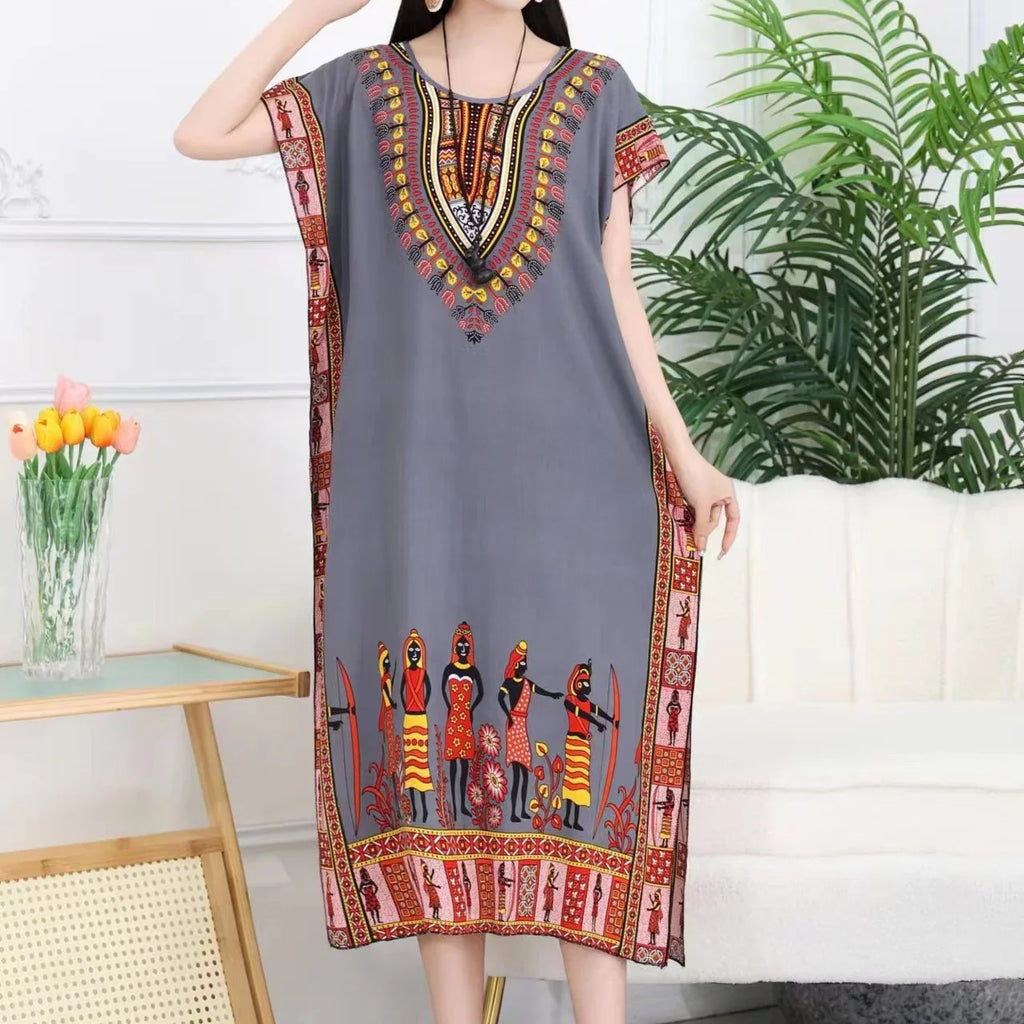 Bohemian Ethnic Print Midi Dress V Neck With Batwing Sleeves