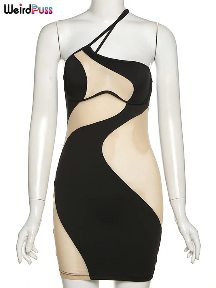 Mesh Patchwork Sexy Dress One Shoulder Sleeveless Bodycon
