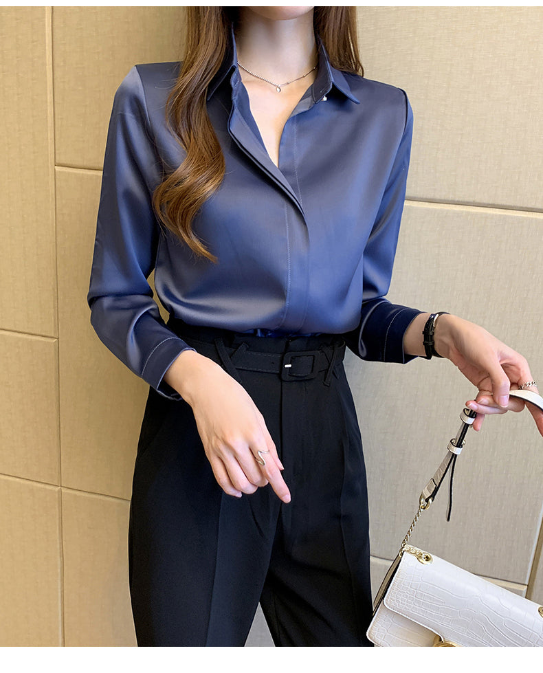 Elegant Satin Women Blouse Long Sleeve Shirt Autumn Fashion Tops for Ladies Office and Casual Wear