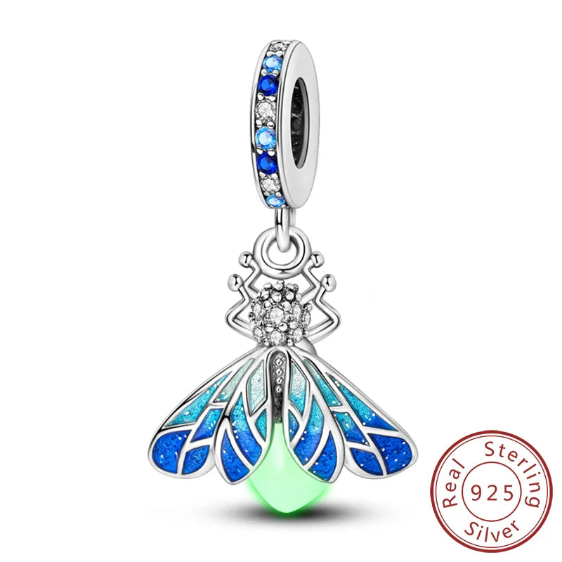 Glowing Luminous Firefly Butterfly Pendant Charm Beads in 925 Sterling Silver for Bracelet Jewelry