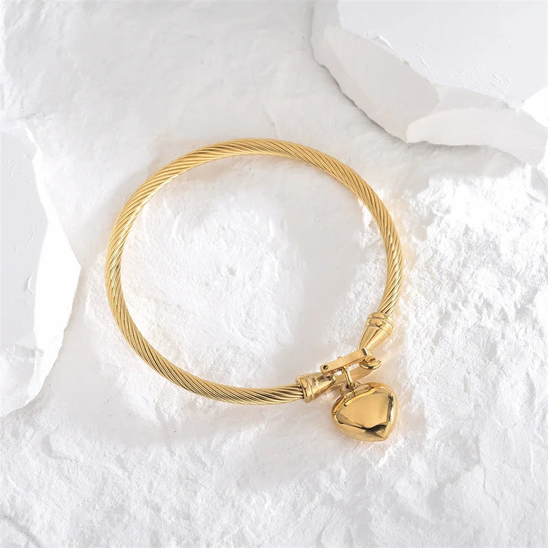 18k Gold Color Stainless Steel Heart Pendant Charm Bangle Bracelet for Men and Women