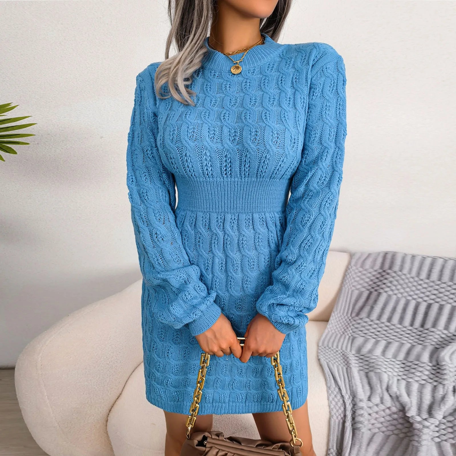 Autumn Winter Womens Round Neck High Waist Sweater Dress