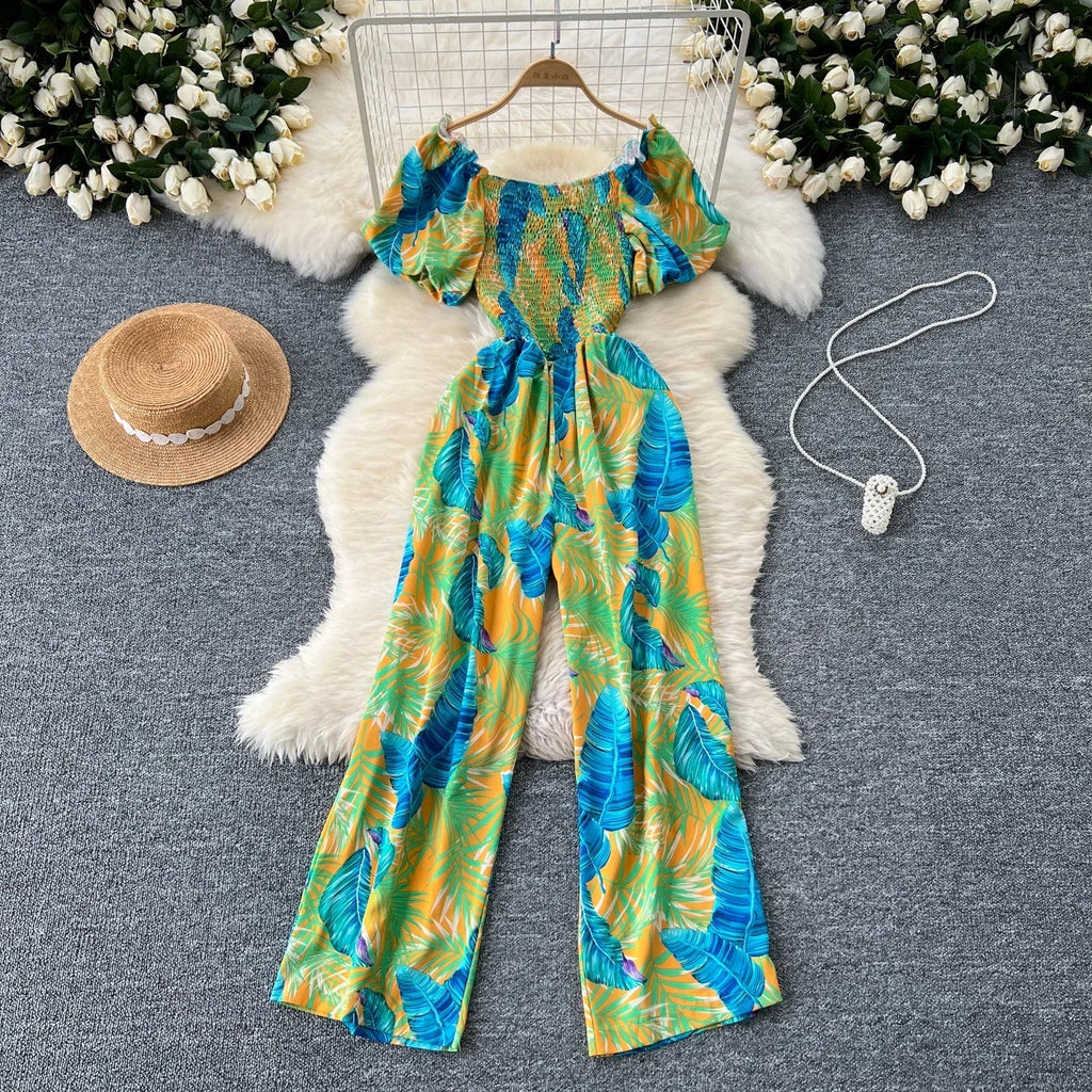 Square Neck Loose Pleated Jumpsuit with Ruffles Backless Design Wide Leg Long Pants Elegant Chic Printed Playsuit for Women