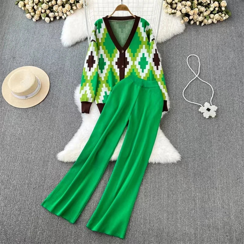 Casual Elegant Diamond Grid V-Neck Button Down Long Sleeve Top with Elastic Waist and Wide Leg Women's Suit Outfit