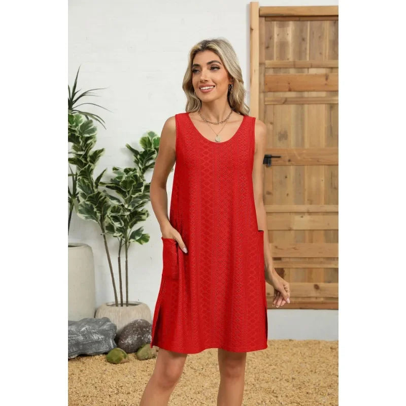 Loose Sleeveless Dress With Pockets Round Neck Solid Color