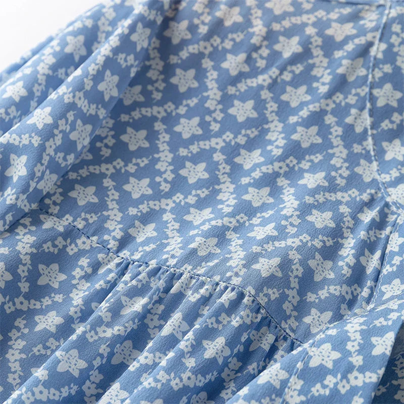 Silk Midi Dress For Women Blue Floral Ruffles V Neck