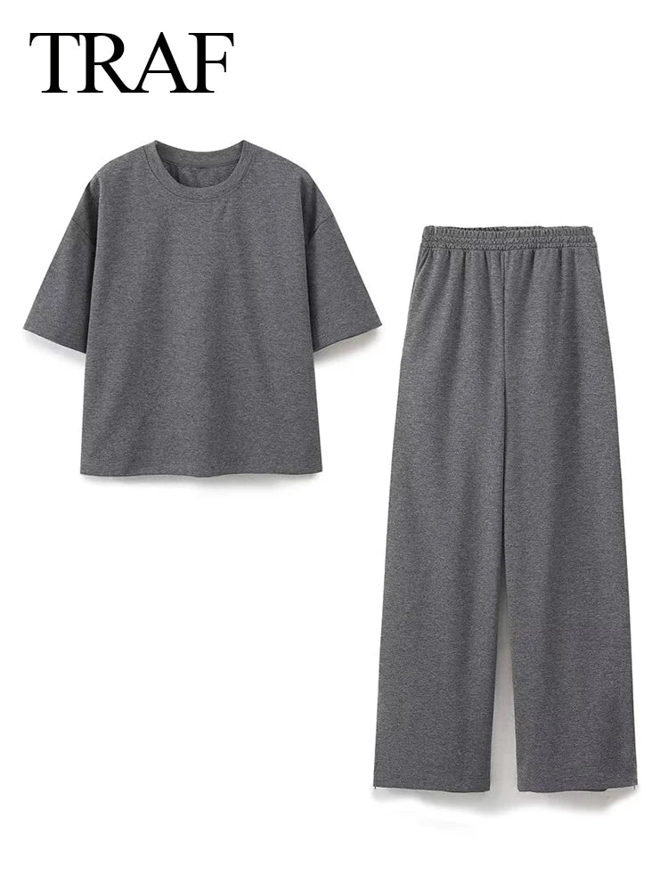 Women's Solid Casual T Shirt and Pant Set with Short Sleeves and Lace-Up Side Pockets