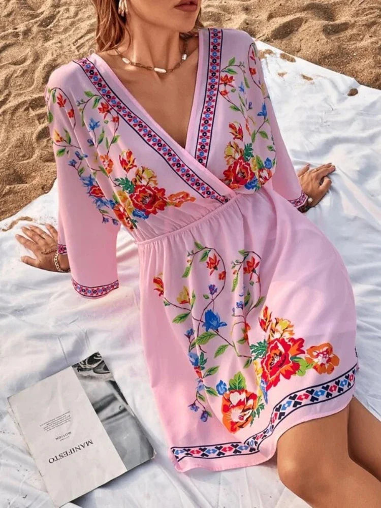 Bohemian Dress With V Neck And Tie Waist Beach Vacation
