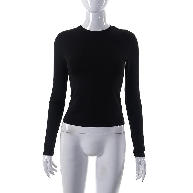 Women's Slim Fit Long Sleeve Solid Color T-Shirt for Spring and Autumn Casual Street Wear