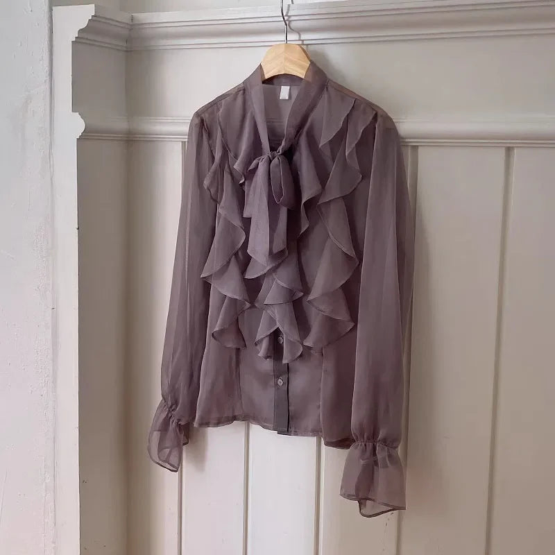 Chic Korean Style Chiffon Blouse for Women with Sweet Bow Tie Long Sleeve Office and Casual Tops Lightweight Summer Shirt