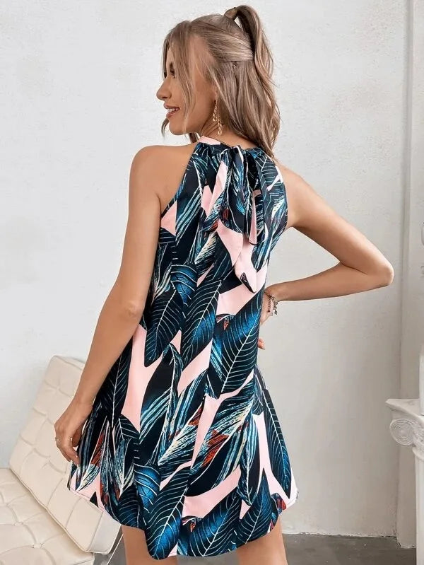 Open Back Sleeveless Summer Print Dress for Beach Vacation