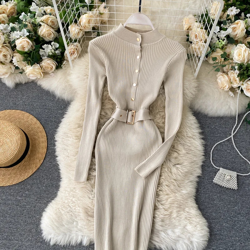 Womens Winter Knitted Dress Stand Collar With Sash Belt