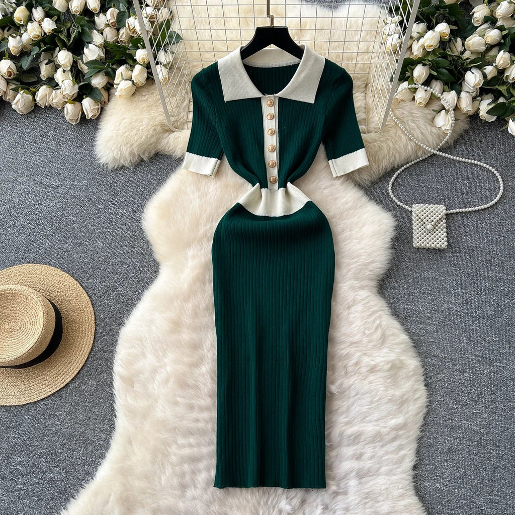 Patchwork Knitted Polo Collar Dress For Women Spring Summer