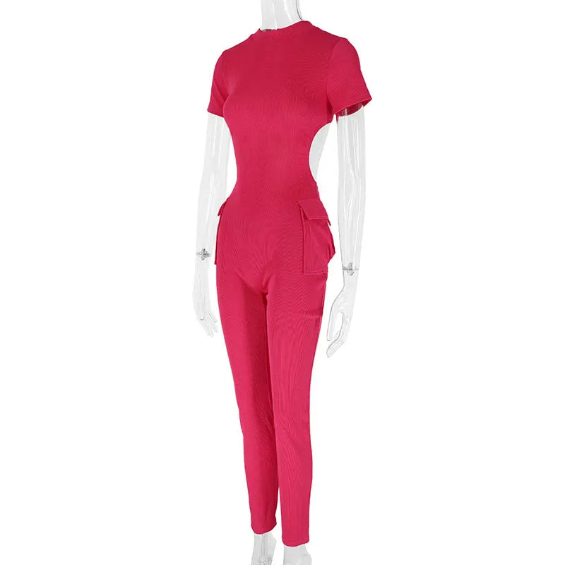 Sexy Sweet Pink Hollow Out Jumpsuit for Women Short Sleeve Elegant Romper with Pockets Casual Streetwear Spring Fashion