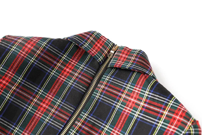 Black Red Plaid Blazer Dress With Belt For Office Women