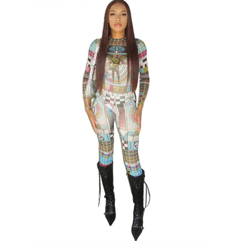 Colorful Pixel Print Mesh Women 2 Piece Tracksuit Set with Full Sleeve Crop Top and Stretch Leggings for Trendy Streetwear