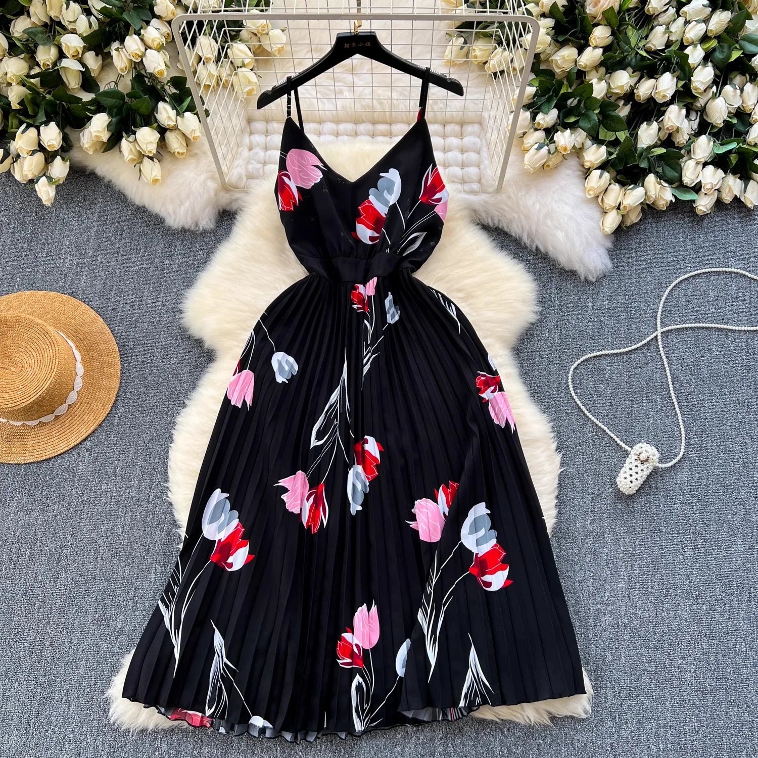Floral Print Maxi Dress High Waist Spaghetti Strap Backless