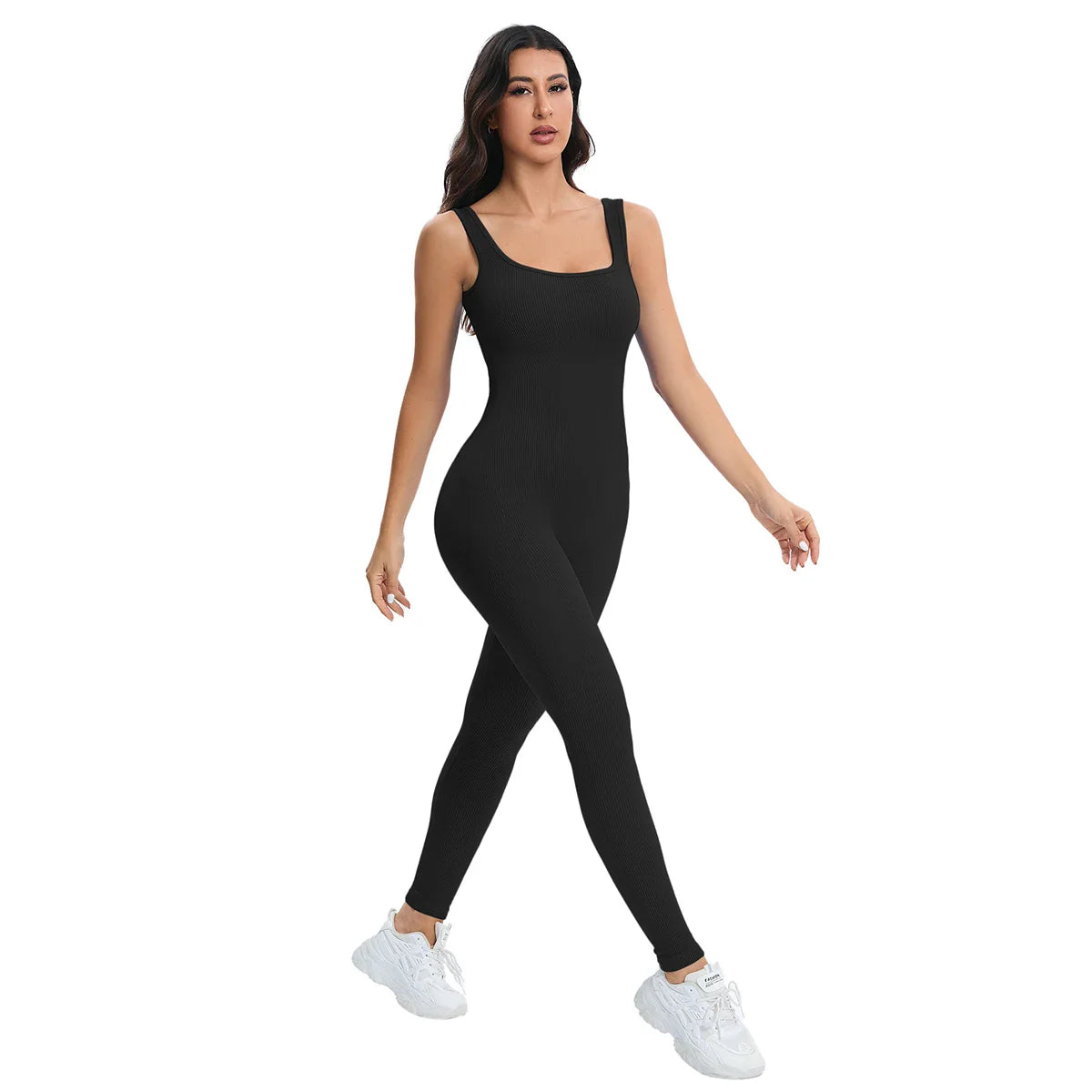 Shapewear Jumpsuit for Women Built-In Bra Sleeveless Bodycon Ribbed Square Neck Summer Romper with Seamless Stretch Fabric and Butt Lifting Support