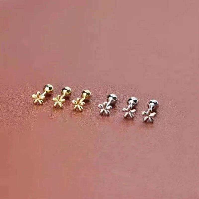 Simple Stainless Steel Golden Flower Small Stud Earrings for Women with Tiny Screw Back Piercing
