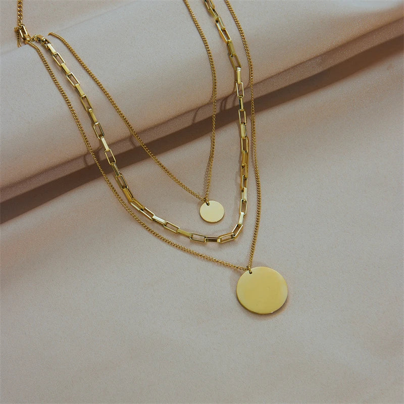 Gold Color 316L Stainless Steel 3in1 Round Pendant Necklace for Women with Multilayer Chain Design