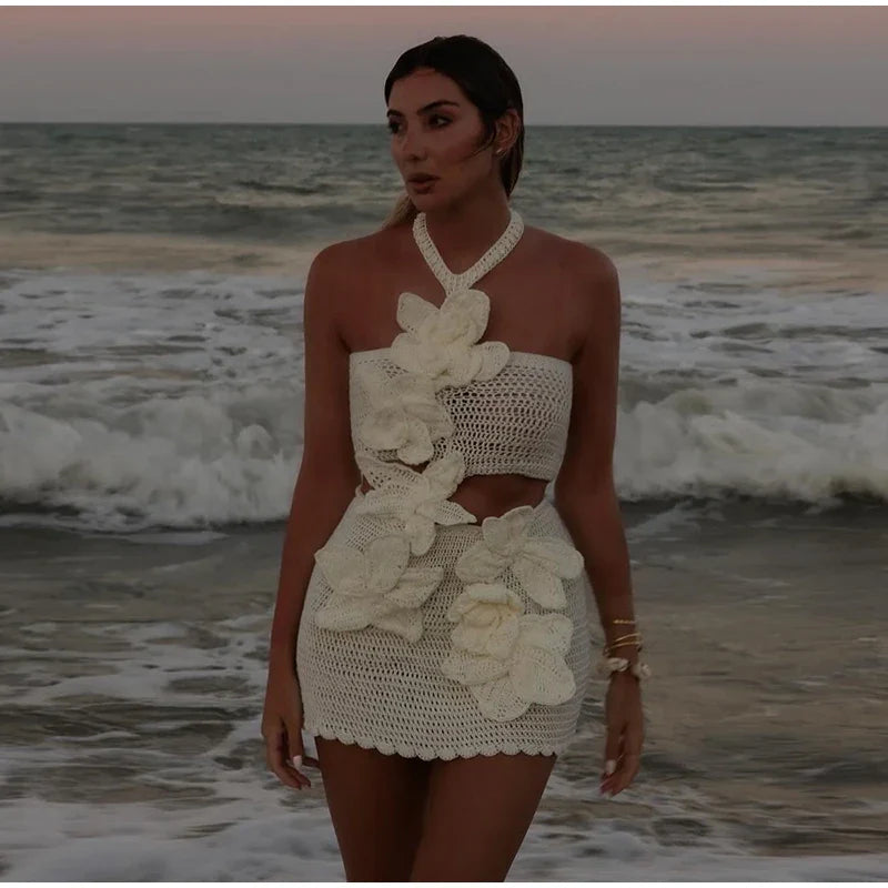 Beach Knit 3D Flower Mini Dress Backless Halter Sundress