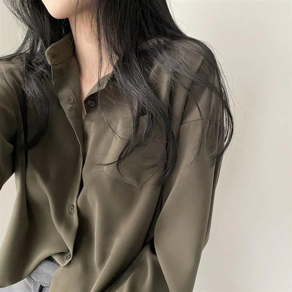 Elegant Long Sleeved Single Breasted Loose Casual Shirt and Blouse Solid Color Short Top for Women
