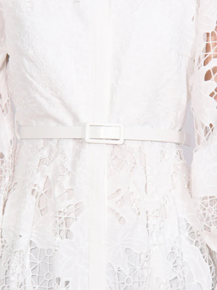 Patchwork Lace Hollow Dress Belted Lantern Sleeve For Women