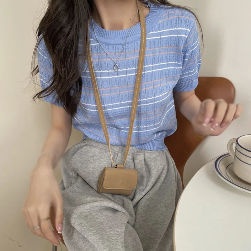 Summer Striped Women's Knitted Crop Top Casual O-Neck Short Sleeve T-Shirt Preppy Style Tees