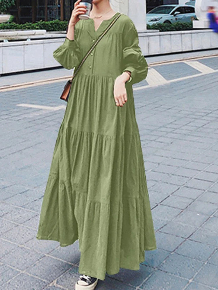 Womens Long Sleeve Swing Dress Cotton Hemp Casual Elegant