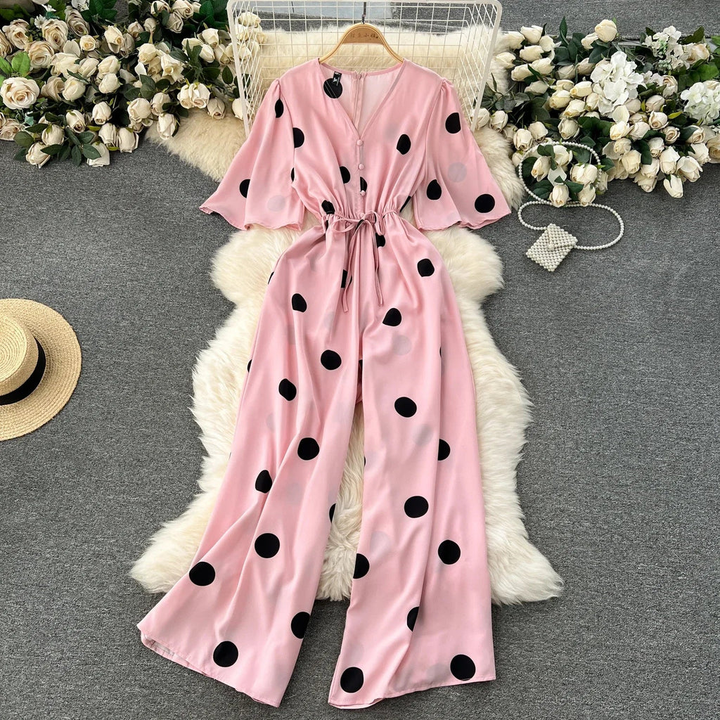 Women Wide Leg Polka Dot Jumpsuit with V Neck Dolman Sleeves and Slim Waist Design