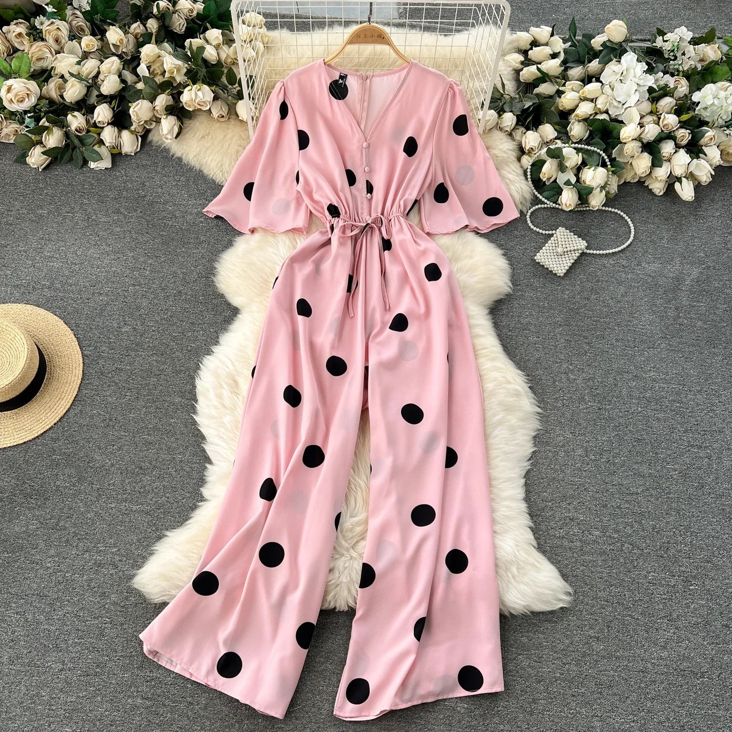 Women Wide Leg Polka Dot Jumpsuit with V Neck Dolman Sleeves and Slim Waist Design