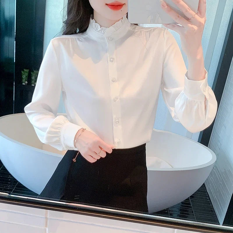 Women's Elegant Long Sleeve Chiffon Blouse with Stand Collar Lightweight White Shirt Top