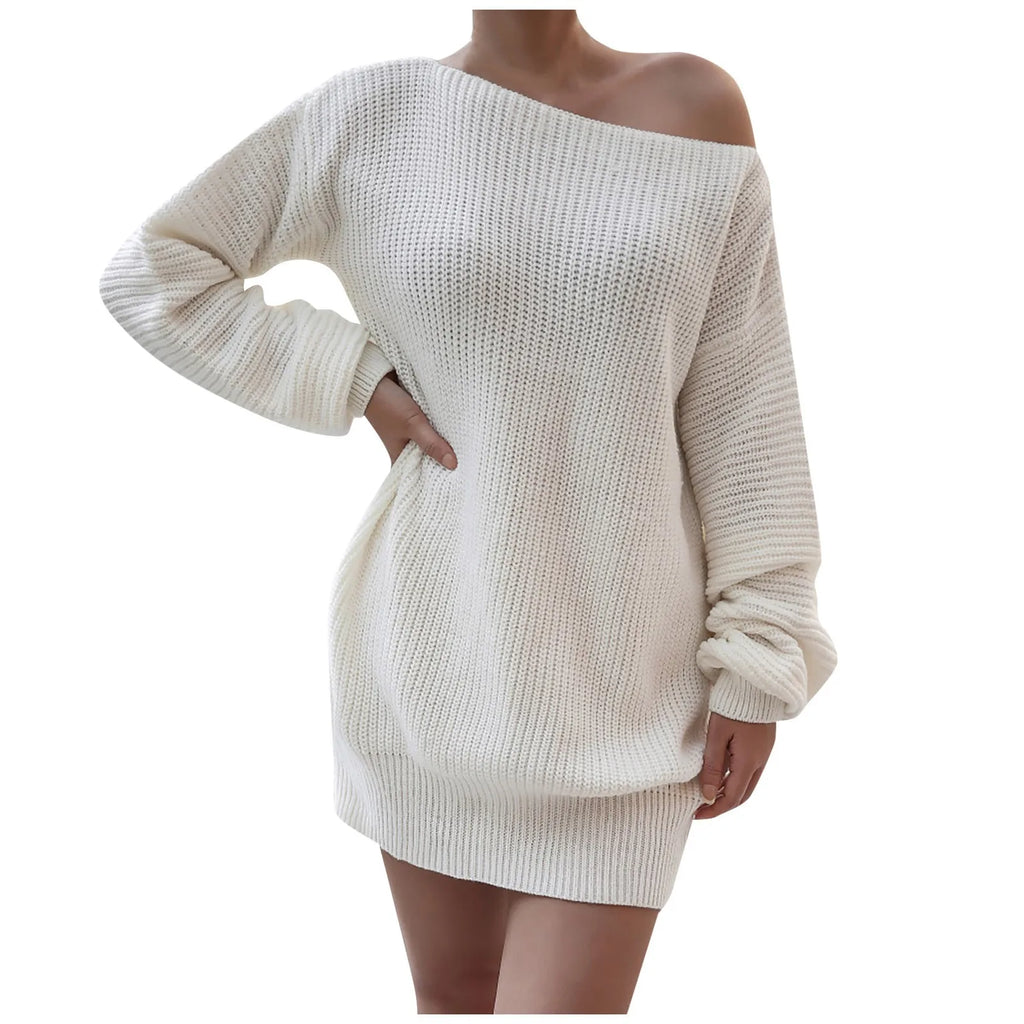 Casual Knit Sweater Dress With One Word Collar For Women