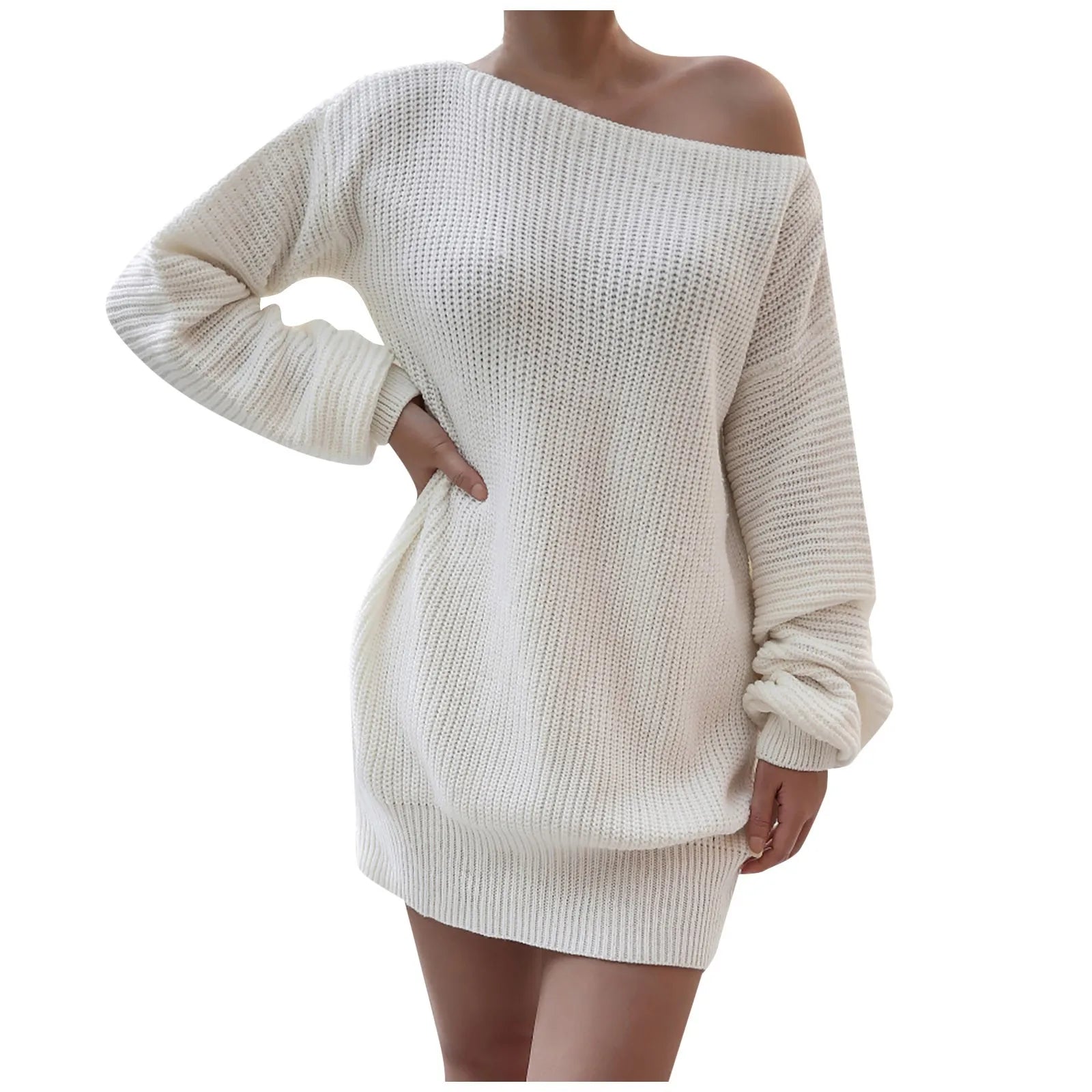 Casual Knit Sweater Dress With One Word Collar For Women