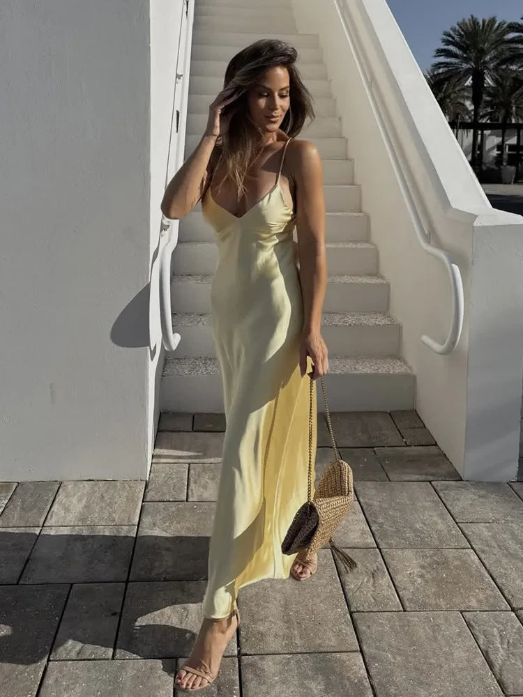 Silky Satin Backless Midi Dress With Textured Finish