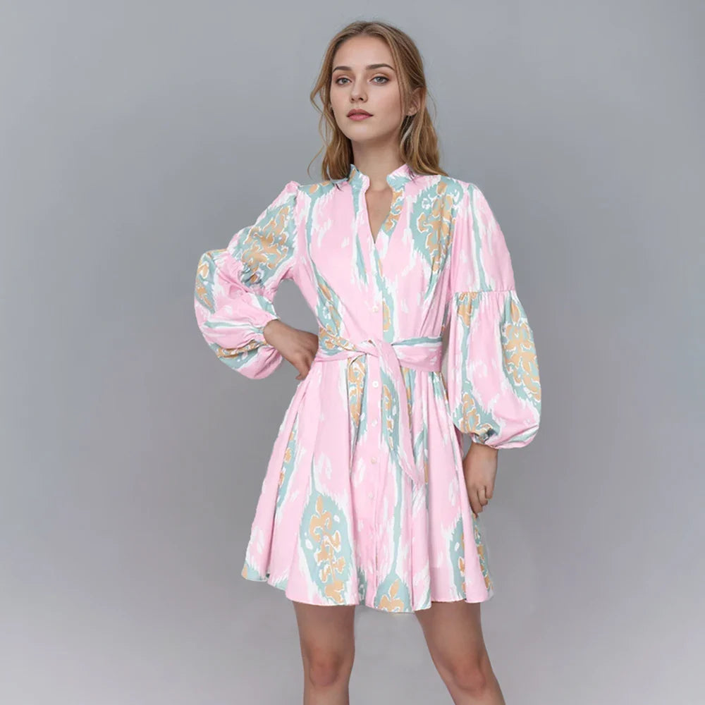 Printed Lantern Sleeve Dress For Women Summer Lightweight