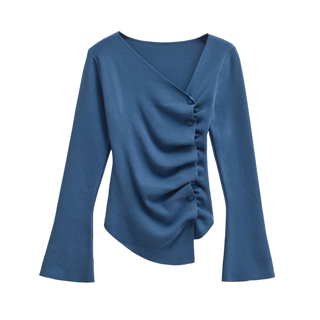 Asymmetrical Blue and Brown Knitted Sweater Women's Pleated Long Sleeve Autumn Knitwear Elegant Fall Top