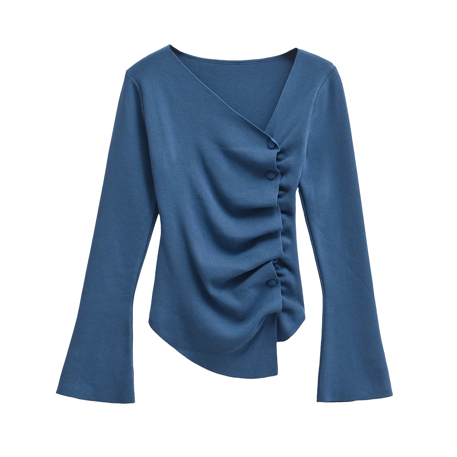 Asymmetrical Blue and Brown Knitted Sweater Women's Pleated Long Sleeve Autumn Knitwear Elegant Fall Top